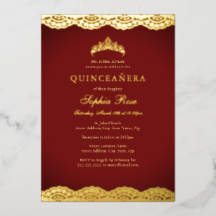 Invitation En Aluminium Diadème en feuille d'or rouge Quinceanera