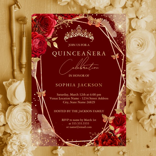 Invitation En Aluminium Diadème en or rose à fleurs rouges Quinceanera Inv (Créateur téléchargé)