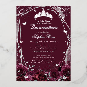 Invitation En Aluminium Diadème Fleur Bourgogne Argent Quinceanera