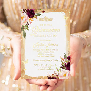 Invitation En Aluminium Diadème Floral Burgundy Gold Quinceanera avec Étin