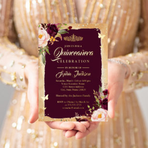 Invitation En Aluminium Diadème Floral Burgundy Quinceanera avec Étincelle