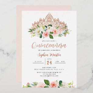 Invitation En Aluminium Diadème floral en or rose et rose pour Quinceanera