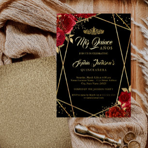 Invitation En Aluminium Diadème Floral Or Rouge Quinceanera Moderne 