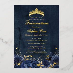 Invitation En Aluminium Diadème Floral Papillon de Naissance Navy Quincean