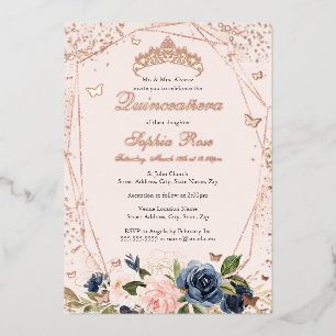Invitation En Aluminium Diadème floral papillon rose marine Quinceanera