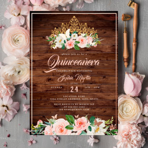 Invitation En Aluminium Diadème Floral Rose Blush Quinceanera Rustique