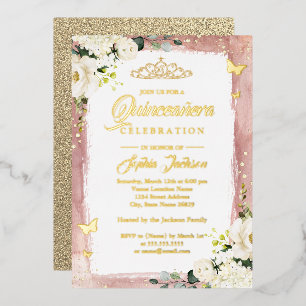 Invitation En Aluminium Diadème Floral Rose Doré Quinceanera avec Étincell