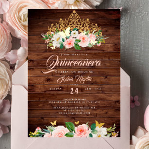 Invitation En Aluminium Diadème Floral Rustique Rose Quinceanera