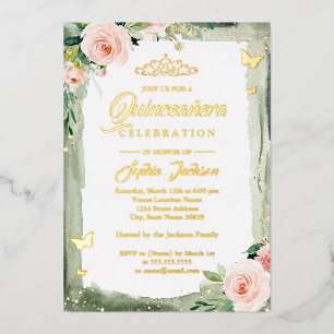 Invitation En Aluminium Diadème Floral Vert Blush Quinceanera Étincelle