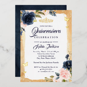 Invitation En Aluminium Diadème Navy Quinceanera Floral Or Pailleté