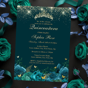 Invitation En Aluminium Diadème Papillon Floral Bleu Sarcelle Or Quinceane