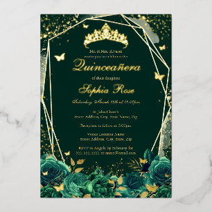 Invitation En Aluminium Diadème Papillon Floral Émeraude Quinceanera