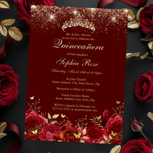 Invitation En Aluminium Diadème Papillon Floral Or Feuille Rouge Quinceane