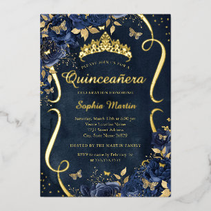 Invitation En Aluminium Diadème Papillon Floral Rose Navy Quinceanera