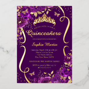 Invitation En Aluminium Diadème Papillon Floral Rose Pourpre Quinceanera