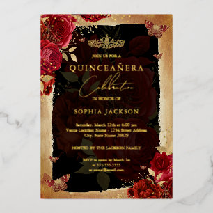Invitation En Aluminium Diadème Papillon Floral Rose Rouge Quinceanera Or