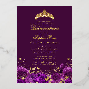 Invitation En Aluminium Diadème Papillon Floral Violet Anniversaire Quince