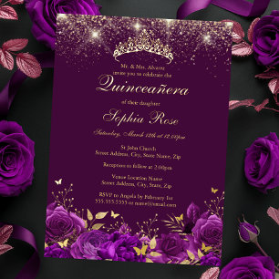 Invitation En Aluminium Diadème Papillon Floral Violet Or Quinceanera