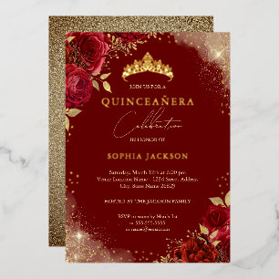 Invitation En Aluminium Diadème Quinceanera Rose Rouge Étincelle Or