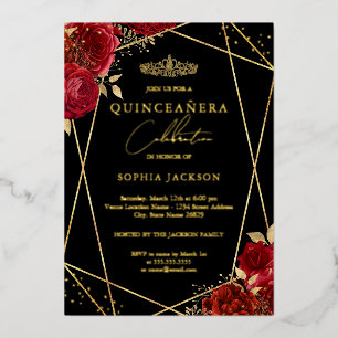 Invitation En Aluminium Diadème Rouge Floral Or Quinceanera Moderne