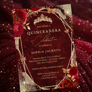 Invitation En Aluminium Diadème Royal Rouge Floral Rose Gold Quinceanera 