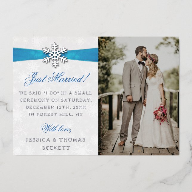 Invitation En Aluminium Diamante Snowflake & Blue Ribbon Mariage d'hiver (Recto)