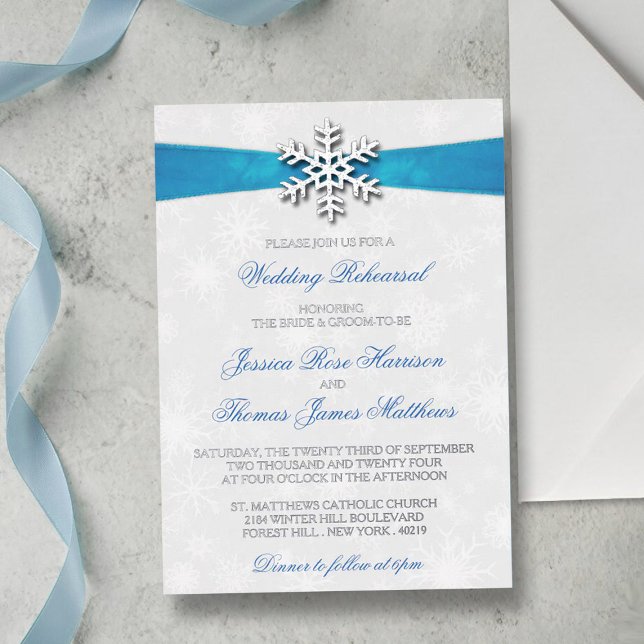 Invitation En Aluminium Diamante Snowflake & Blue Ribbon Mariage d'hiver (Créateur téléchargé)