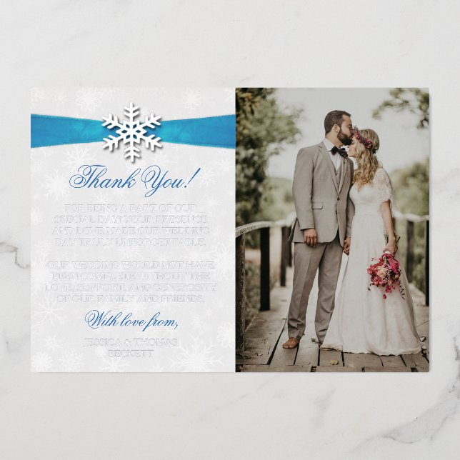 Invitation En Aluminium Diamante Snowflake & Blue Ribbon Mariage d'hiver (Recto)