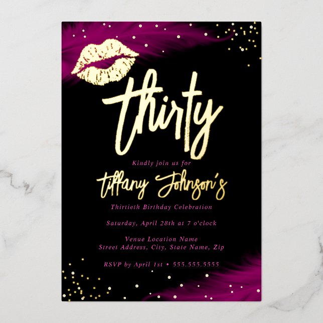 Invitation En Aluminium Diamond Hot Pink Gold Kiss 30e anniversaire (Recto)