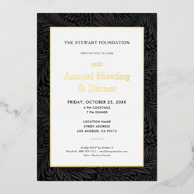 Invitation En Aluminium Dîner annuel d'affaires de botanique noir élégant (Recto)