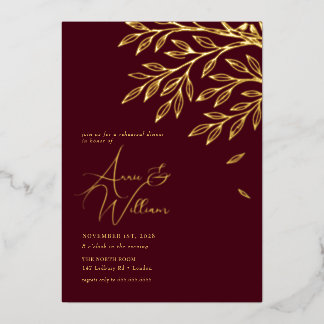 Invitation En Aluminium Dîner de répétition Botanical Gold Leaf Burgundy 