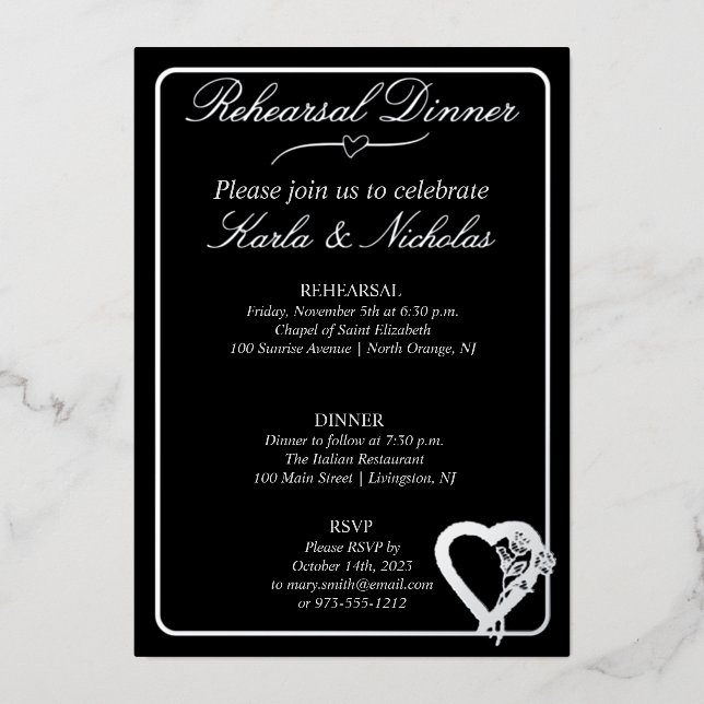 Invitation En Aluminium Dîner De Répétition Coeur Et Fleurs Roses (Recto)
