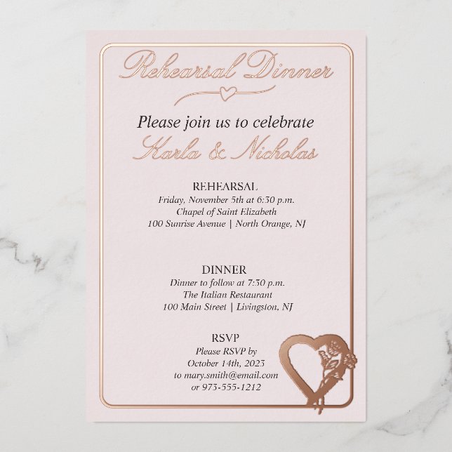 Invitation En Aluminium Dîner De Répétition Coeur Et Fleurs Roses (Recto)