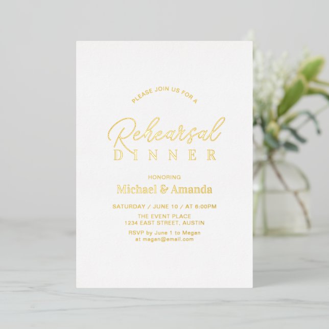 Invitation En Aluminium Dîner de répétition de mariage moderne avec feuill (Debout devant)