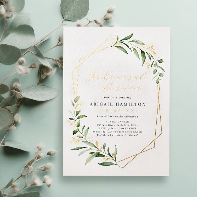 Invitation En Aluminium Dîner de répétition géométrique géométrique en or  (Greenery Gold Geometric Rustic Rehearsal Dinner Foil Invitation)