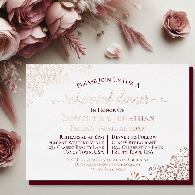 Invitation En Aluminium Dîner de répétition Mariage Lacy Rose Gold & Burgu (Invitation front with back shown behind)