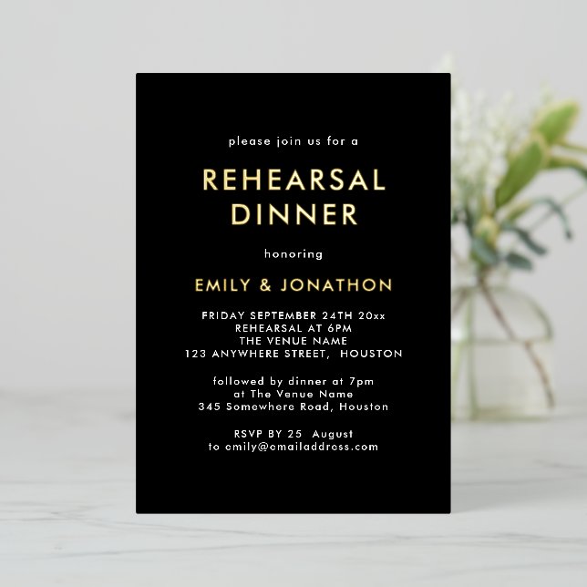 Invitation En Aluminium Dîner de répétition simple Black Gold Real (Debout devant)