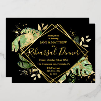 Invitation En Aluminium Dîner de répétition tropical élégant noir et or Fo