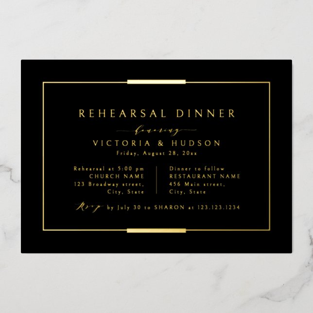 Invitation En Aluminium Dîner simple de répétition encadré Elegance Black  (Recto)