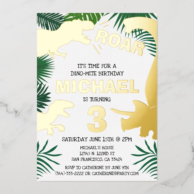 Invitation En Aluminium Dinosaur Enfants Gold Dinos Trex Anniversaire (Recto)