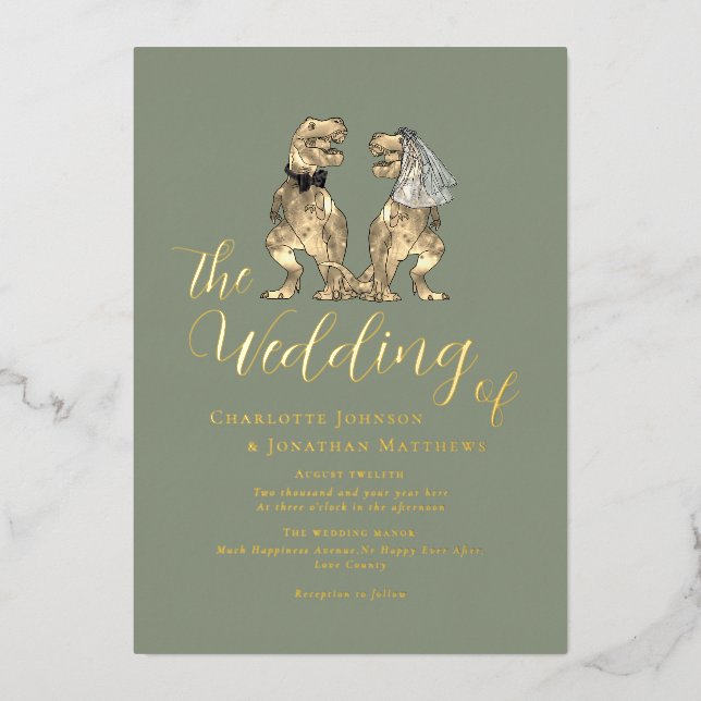 Invitation En Aluminium Dinosaur Wedding Elegant Sage Green Gold (Recto)