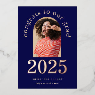 Invitation En Aluminium Diplômé 2025 Arch Photo Navy Rose Gold Foil Annonc