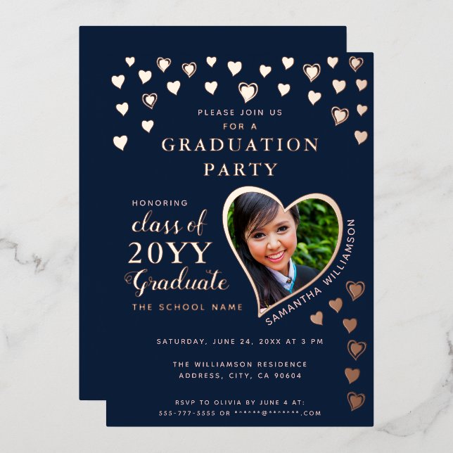 Invitation En Aluminium Diplômé 2025 Marine Bleu & Rose Gold Graduation (Recto/Verso)