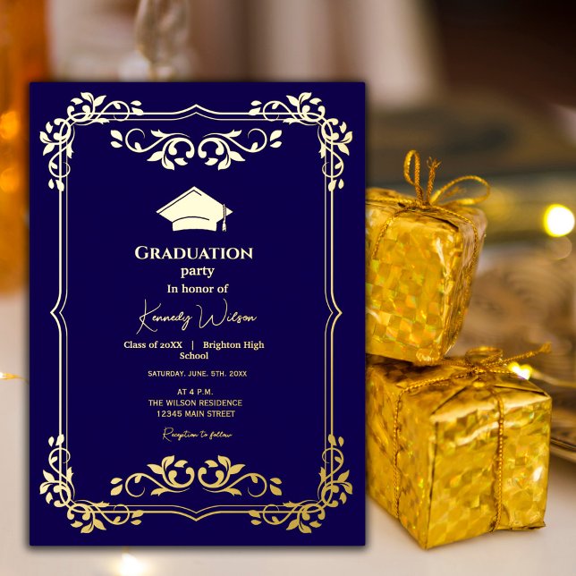 Invitation En Aluminium Diplôme Cadre Orné Doré Bleu Marine  (Elegant navy blue and gold graduation design with an ornate frame. #navyblue #goldframe #decorative)