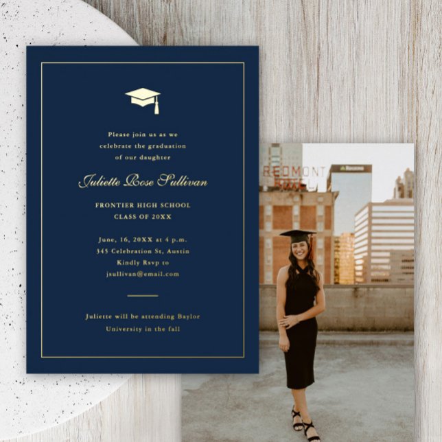 Invitation En Aluminium Diplôme en typographie simple (Elegant gold foil photo graduation invitations.)