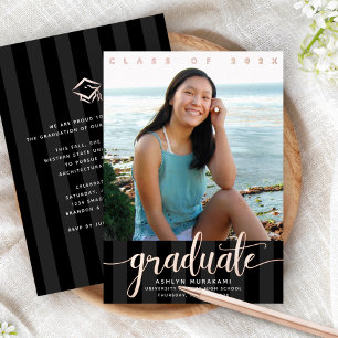 Invitation En Aluminium Diplôme photo girly script noir réel rose or