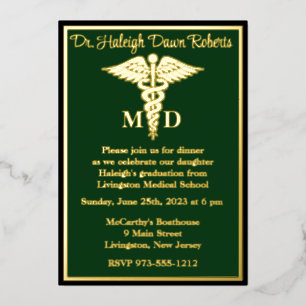 Invitation En Aluminium Diplôme scolaire Médicale Caduceus, Vert/Or