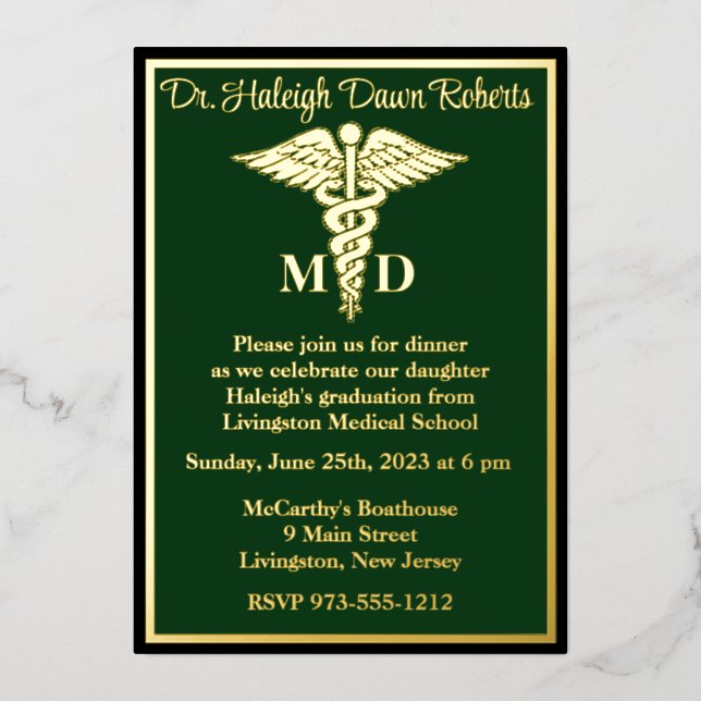 Invitation En Aluminium Diplôme scolaire Médicale Caduceus, Vert/Or (Recto)