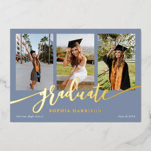 Invitation En Aluminium Diplômé Script 3 Photos Dusty Blue Graduation