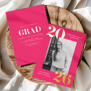 Invitation En Aluminium Diplômés de la promotion 2025 en rose vif avec une